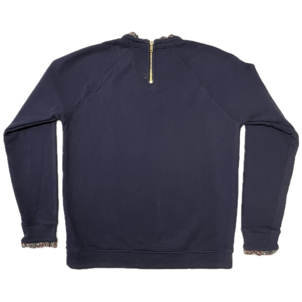 J. Crew Woven Ruffleneck Pullover Sweatshirt Floral Trim Gold Zip Navy Small - Picture 3 of 17